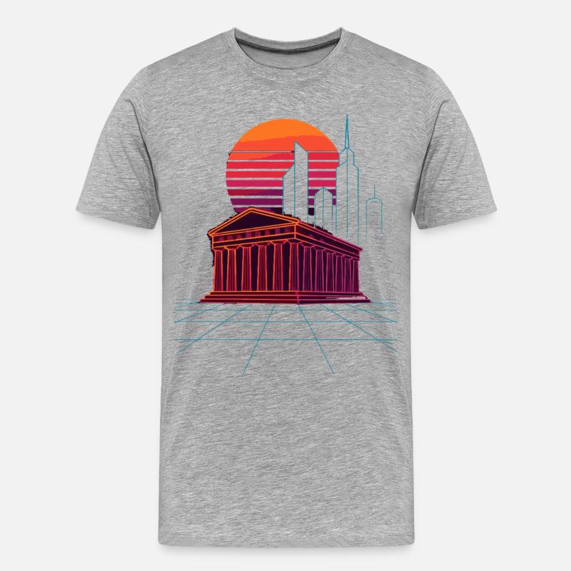 Neon Skyline trifft antike Säulen - Athen - Männer Premium Bio T-Shirt - Grau meliert