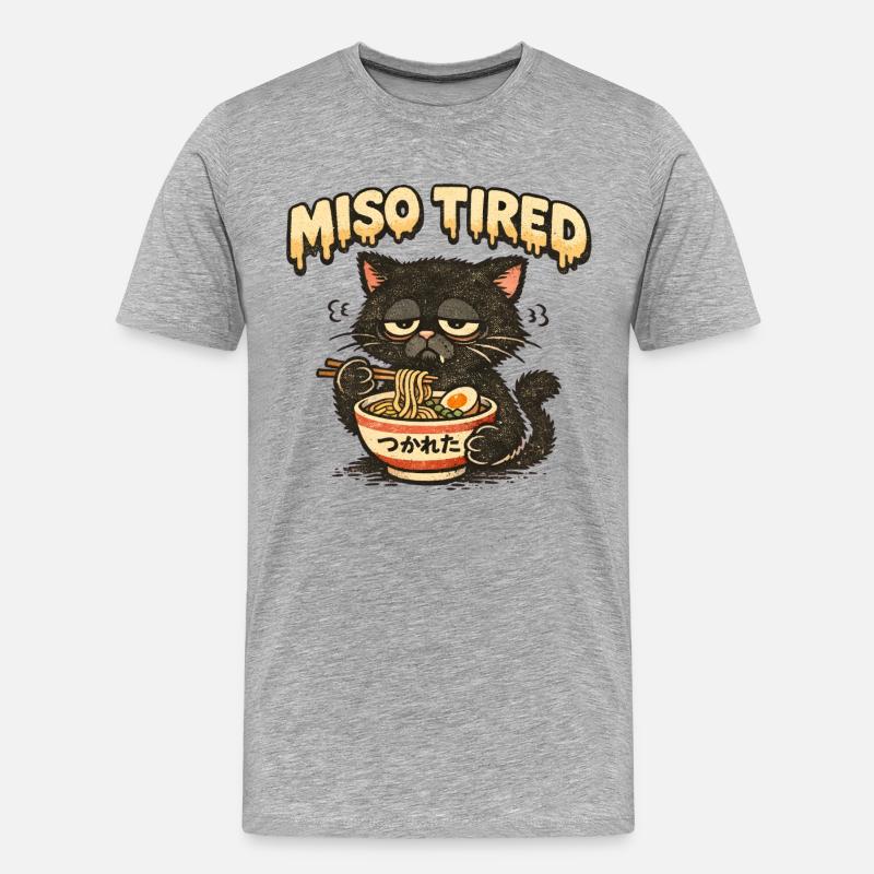 Miso Tired – Müde Katze isst Ramen - Männer Premium Bio T-Shirt - Grau meliert