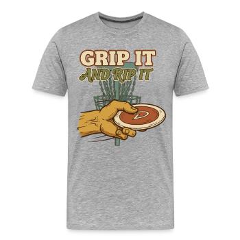 Grip It And Rip It Disc Golf Disc Golfer Flying - Men's Premium Organic T-Shirt - heather grey - Front - Damien (186cm)
