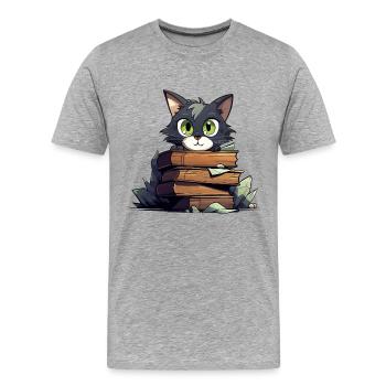 Pile de livres pour chats - T-shirt bio Premium Homme - gris chiné - Devant - Damien (186cm)