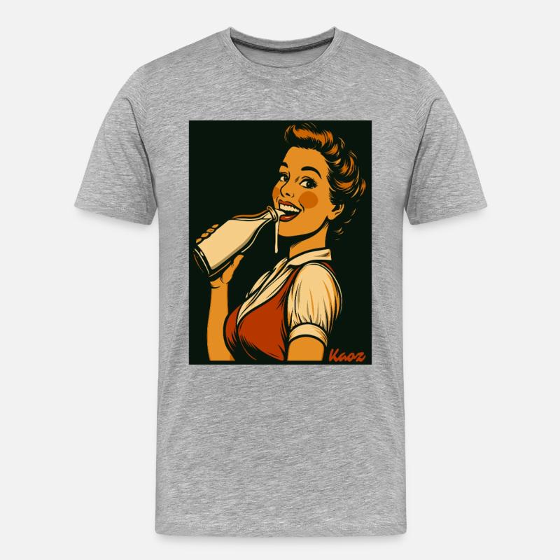 Retro Dame mit Milch Getränk - Männer Premium Bio T-Shirt - Grau meliert
