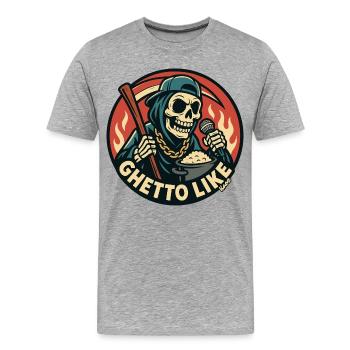 Skelett mit Mikrofon und Ghetto Like - Männer Premium Bio T-Shirt - Grau meliert - Vorne - Damien (186cm)