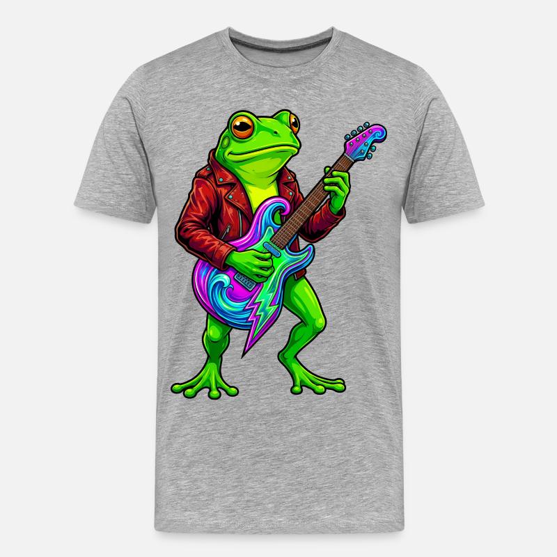 Frosch mit Jacke und Neon E-Gitarre - Männer Premium Bio T-Shirt - Grau meliert