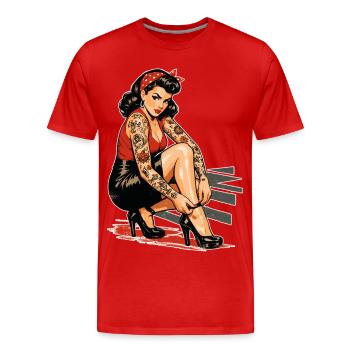 Tattoo Pin-Up: Retro Werbeprint & High Heels - Männer Premium Bio T-Shirt - Rot - Vorne - Damien (186cm)