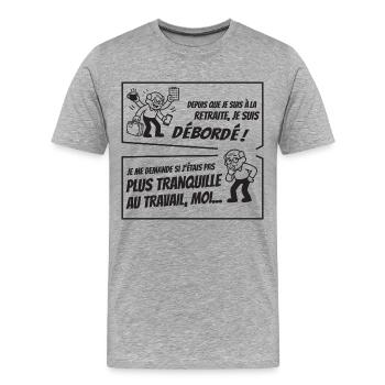 Retraité Surbooké (texte noir) - T-shirt bio Premium Homme - gris chiné - Devant - Damien (186cm)