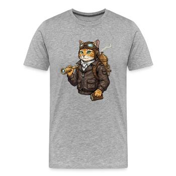 Cat Aviator Steampunk Explorer Curiosity - Men's Premium Organic T-Shirt - heather grey - Front - Damien (186cm)