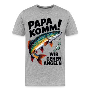 Papa Komm! Angelabenteuer Fischdesign - Männer Premium Bio T-Shirt - Grau meliert - Vorne - Damien (186cm)