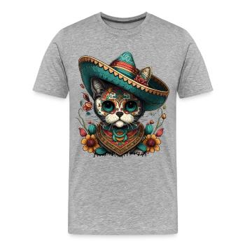 Zuckerschädel Sombrero-Katze Mexikanischer Cinco De Mayo - Männer Premium Bio T-Shirt - Grau meliert - Vorne - Damien (186cm)