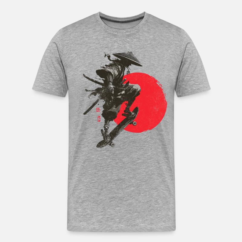 Silhouette eines Samurai-Skaters mit roter Sonne - Männer Premium Bio T-Shirt - Grau meliert