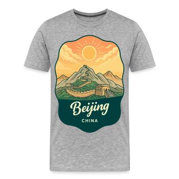 Badge rétro de voyage au coucher de soleil de la Grande Muraille de Pékin - T-shirt bio Premium Homme - gris chiné - Devant - Damien (186cm)