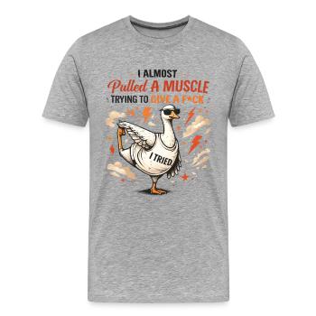 Canard sarcastique avec des muscles qui tire à la poule aux poules drôles - T-shirt bio Premium Homme - gris chiné - Devant - Damien (186cm)