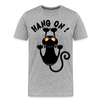 "HANG ON !" Funny Cat Meme Hanging on - Men's Premium Organic T-Shirt - heather grey - Front - Damien (186cm)