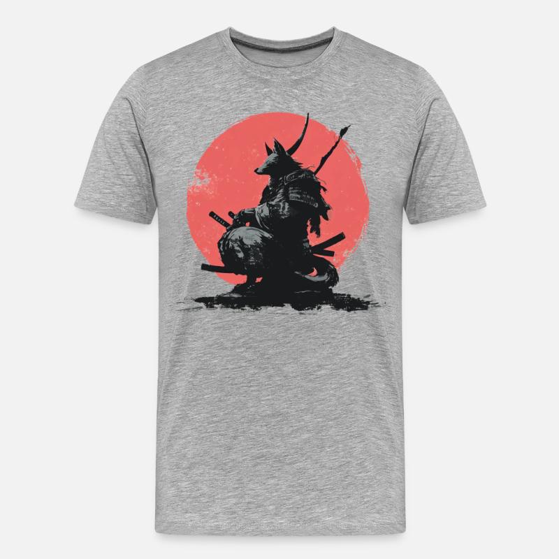 Wolf-Samurai auf Red Sun - Männer Premium Bio T-Shirt - Grau meliert