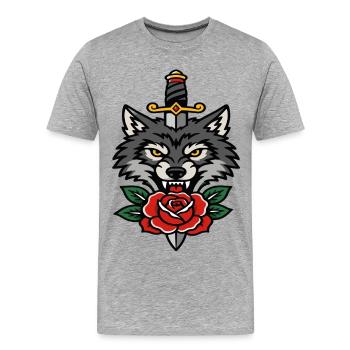 Loup féroce dague et rose style tattoo - T-shirt bio Premium Homme - gris chiné - Devant - Damien (186cm)