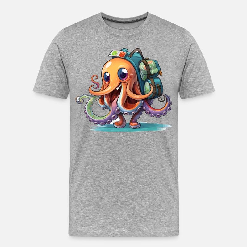 Oktopus Entdecker mit Rucksack - Männer Premium Bio T-Shirt - Grau meliert
