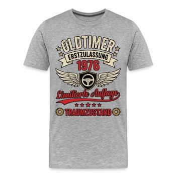 Oldtimer 1976 Limitierte Auflage 50 Jahre  - Männer Premium Bio T-Shirt - Grau meliert - Vorne - Damien (186cm)