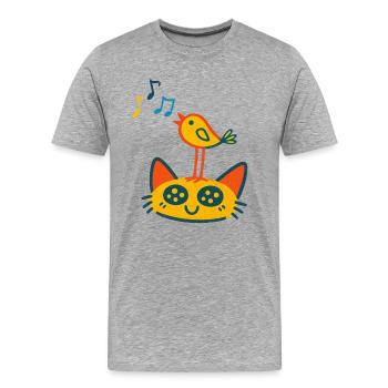 Oiseau chanteur sur chat - T-shirt bio Premium Homme - gris chiné - Devant - Damien (186cm)