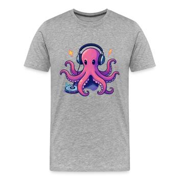 Pieuvre DJ au casque sur platine - T-shirt bio Premium Homme - gris chiné - Devant - Damien (186cm)