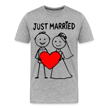 Hochzeitspaar Cartoon Herz just married - Männer Premium Bio T-Shirt - Grau meliert - Vorne - Damien (186cm)