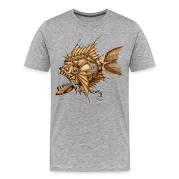 Machine Rétro Tueuse de Piranhas Steampunk - T-shirt bio Premium Homme - gris chiné - Devant - Damien (186cm)