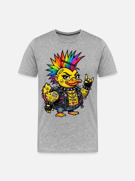 Punk-Gummiente mit Regenbogen Irokesenschnitt - Männer Premium Bio T-Shirt - Grau meliert