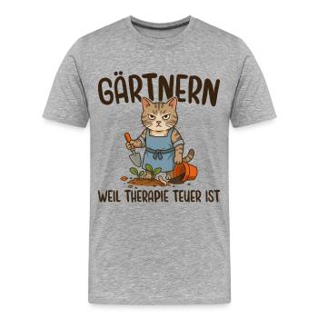 Gärtnern Weil Therapie Teuer ist - Mürrische Katze - Männer Premium Bio T-Shirt - Grau meliert - Vorne - Damien (186cm)