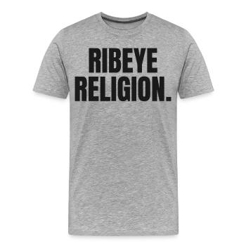 RELIGION DU RIBEYE | T-shirt Carnivore | Steak Lover - T-shirt bio Premium Homme - gris chiné - Devant - Damien (186cm)