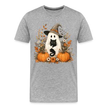 Halloween, Fantôme, Chat Noir - T-shirt bio Premium Homme - gris chiné - Devant - Damien (186cm)