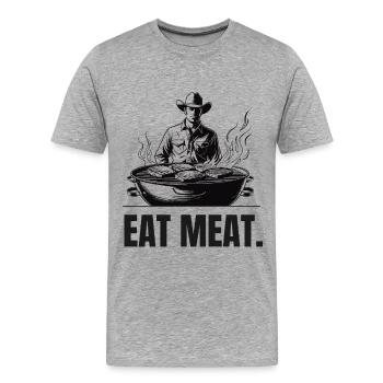 MANGER DE LA VIANDE | T-shirt Carnivore | Déclaration sur le steak - T-shirt bio Premium Homme - gris chiné - Devant - Damien (186cm)