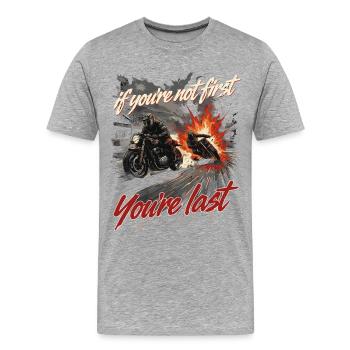 Motard de course d’action moto - T-shirt bio Premium Homme - gris chiné - Devant - Damien (186cm)