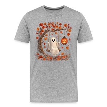 Fantôme d’Halloween en balançoire avec Automne de la citrouille - T-shirt bio Premium Homme - gris chiné - Devant - Damien (186cm)