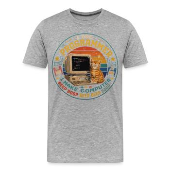Cat Computer Programmer Retro Vintage Humor - Men's Premium Organic T-Shirt - heather grey - Front - Damien (186cm)