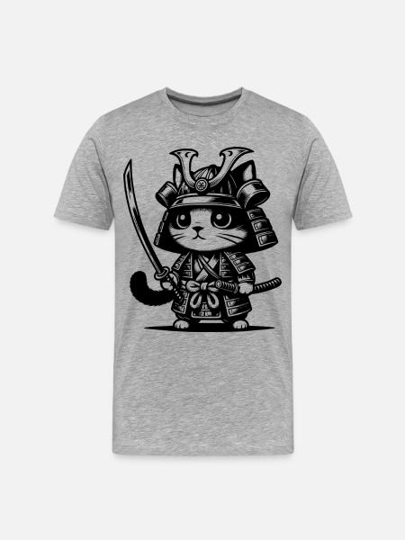 Samurai-Katze – Originalgeschenk - Männer Premium Bio T-Shirt - Grau meliert