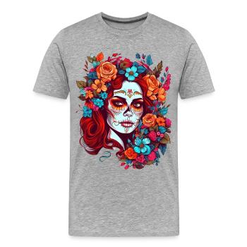 Dia de los muertos Frau Make-Up mit Blumen - Männer Premium Bio T-Shirt - Grau meliert - Vorne - Damien (186cm)