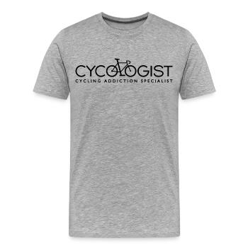Cycologue. Spécialiste de l’addiction au vélo - T-shirt bio Premium Homme - gris chiné - Devant - Damien (186cm)