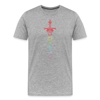 Würfel Schwert RPG Style Fantasy Gamer Waffe Grafik - Männer Premium Bio T-Shirt - Grau meliert - Vorne - Damien (186cm)