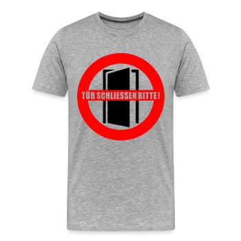 Tür schließen bitte | Farbe änderbar - Männer Premium Bio T-Shirt - Grau meliert - Vorne - Damien (186cm)