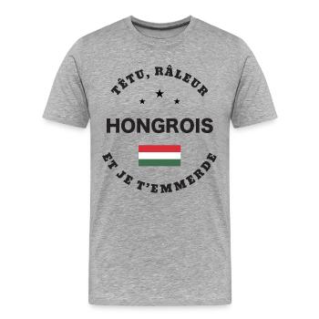 Hongrois, têtu, râleur - T-shirt bio Premium Homme - gris chiné - Devant - Damien (186cm)