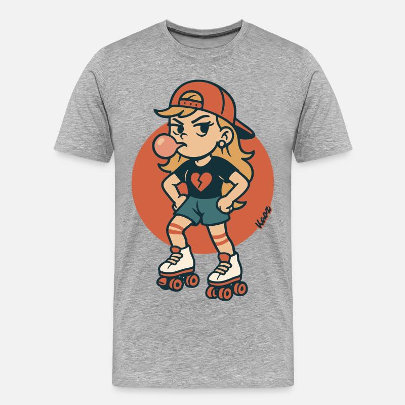 Rollschuh Mädchen mit Kaugummi - Männer Premium Bio T-Shirt - Grau meliert