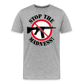 Arrêtez la folie! (Panneau d’interdiction des armes 3C) - T-shirt bio Premium Homme - gris chiné - Devant - Damien (186cm)