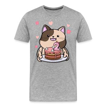Mollige Katze Hält Eine Geburtstagstorte 2. - Männer Premium Bio T-Shirt - Grau meliert - Vorne - Damien (186cm)