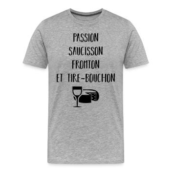 Passion saucisson fromton et tire-bouchon - T-shirt bio Premium Homme - gris chiné - Devant - Damien (186cm)