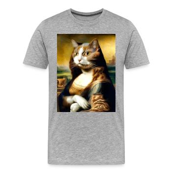 Meow Lisa Lustige Katze Parodie auf die Mona Lisa - Männer Premium Bio T-Shirt - Grau meliert - Vorne - Damien (186cm)
