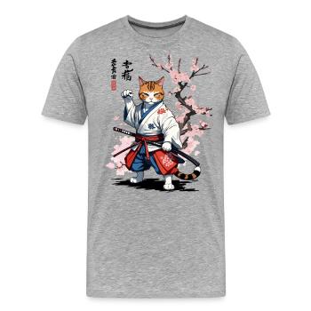 Samurai Katze Ukiyo-E Streetwear Design - Männer Premium Bio T-Shirt - Grau meliert - Vorne - Damien (186cm)