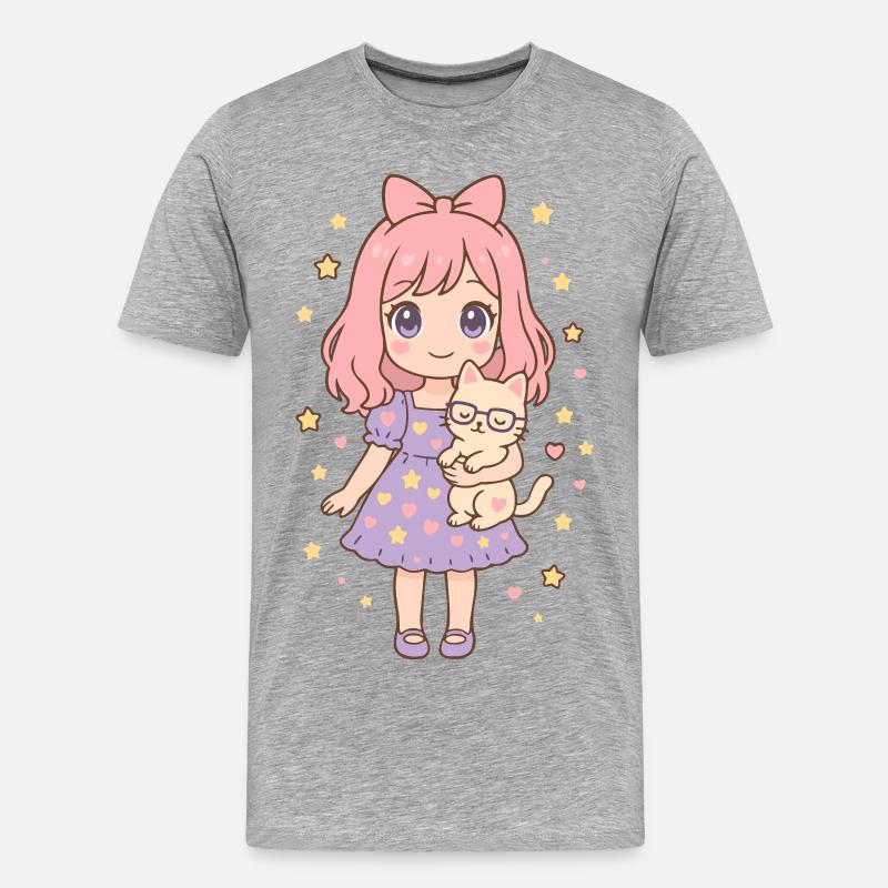 Kleines Mädchen mit Katze von Helfspawn - Männer Premium Bio T-Shirt - Grau meliert