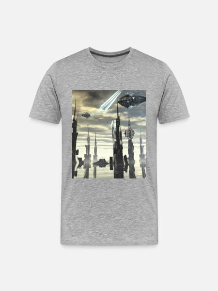 Fantasie Science Fiction Stadt - Männer Premium Bio T-Shirt - Grau meliert