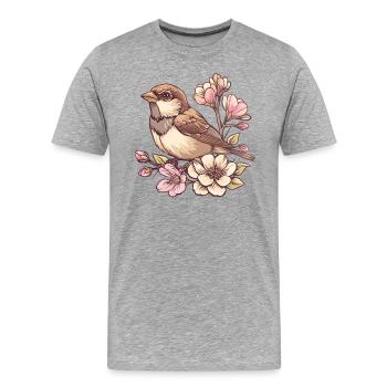 Spatz auf Blütenzweig - Männer Premium Bio T-Shirt - Grau meliert - Vorne - Damien (186cm)