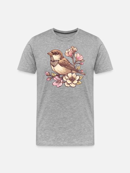Spatz auf Blütenzweig - Männer Premium Bio T-Shirt - Grau meliert