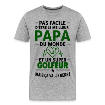 Cœur + Golf – Super Papa Golfeur - T-shirt bio Premium Homme - gris chiné - Devant - Damien (186cm)