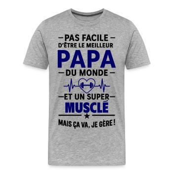 Herz + Krafttraining – Muskulärer Super-Papa - Männer Premium Bio T-Shirt - Grau meliert - Vorne - Damien (186cm)